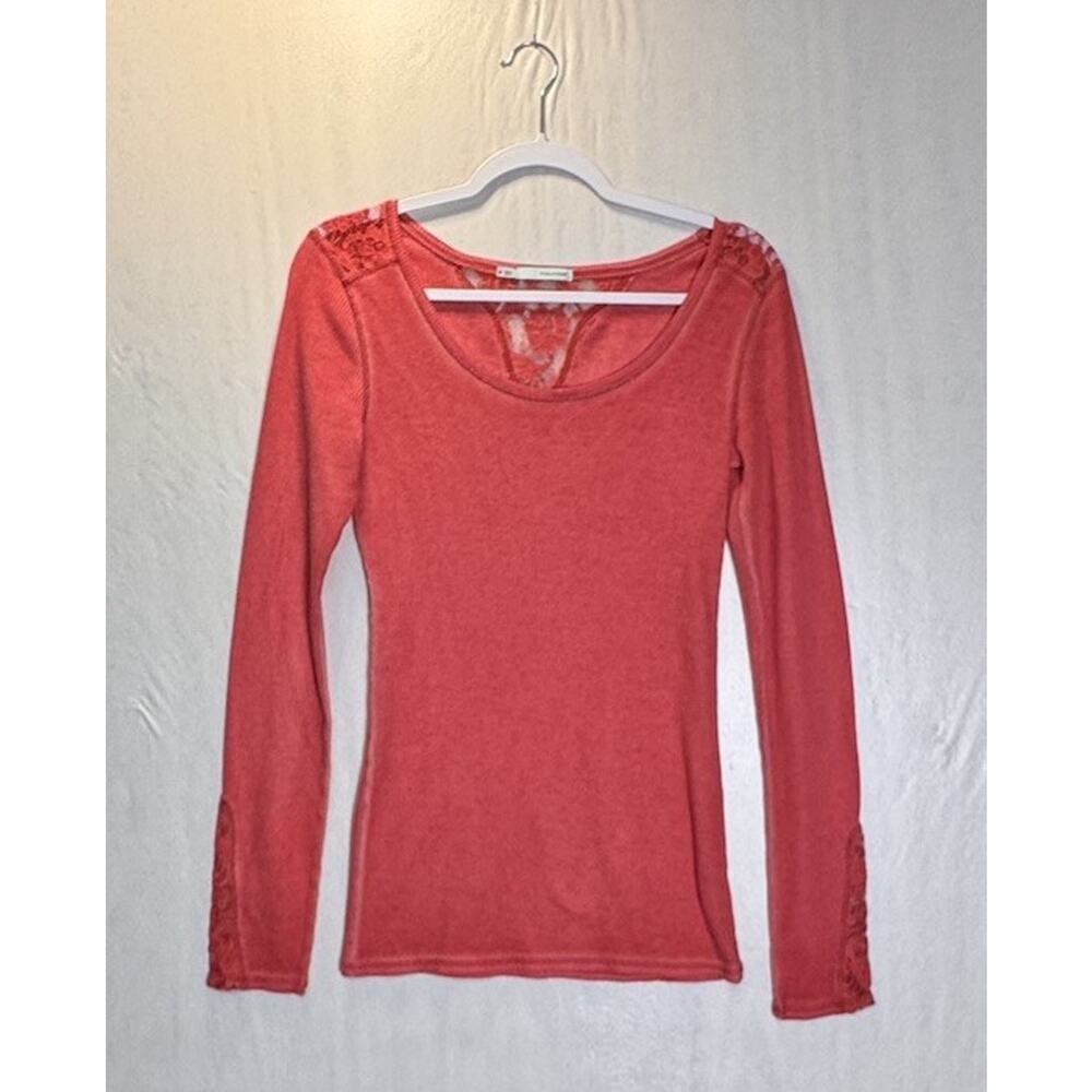 Y2K Boho Lace Waffle Knit Thermal Top Coral Pink Long Sleeve Fairygrunge Size M